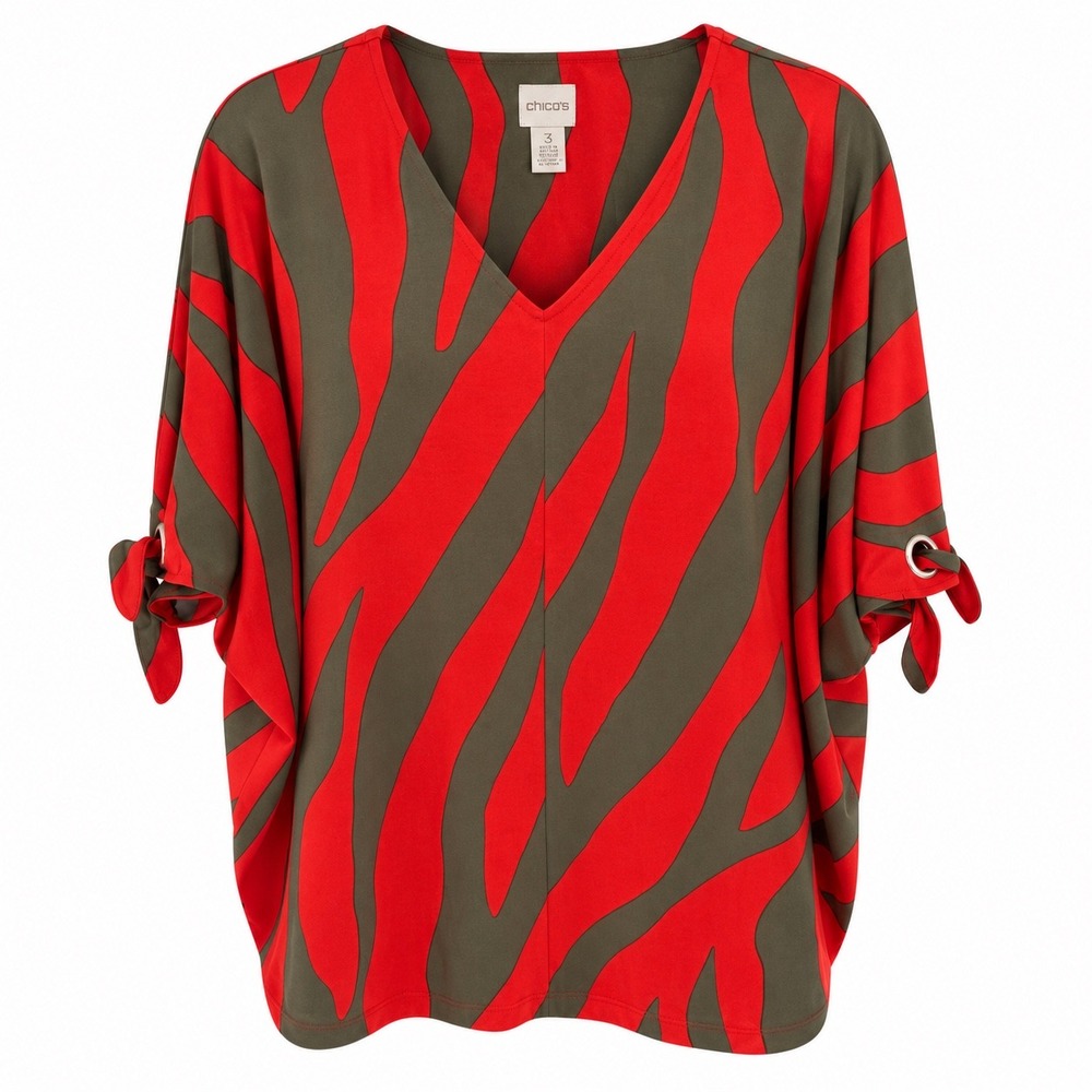 Chico's Top Zebra Print Spandex Size 3 Red Olive Green Dolman Sleeve V-Neck